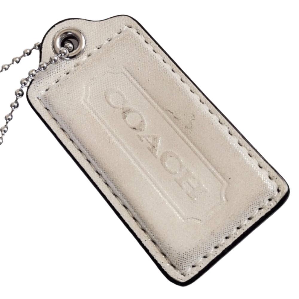 🤍 2.5" Large Coach Shimmer Silver Leather Hangtag Bag Fob Purse Charm Keychain